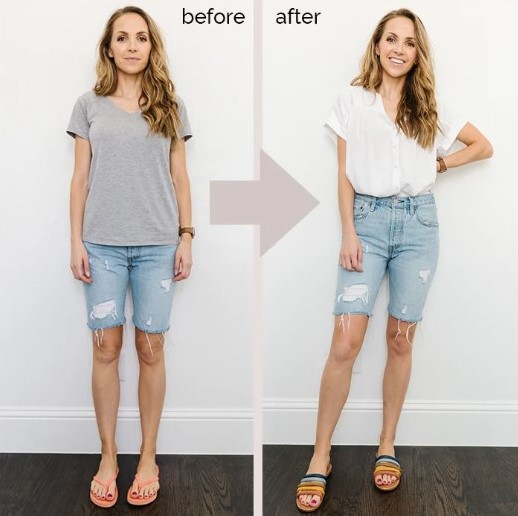 before and after versions of cutting jeans into shorts