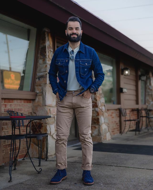 Man wearing Chinos  with Jean Jacket
