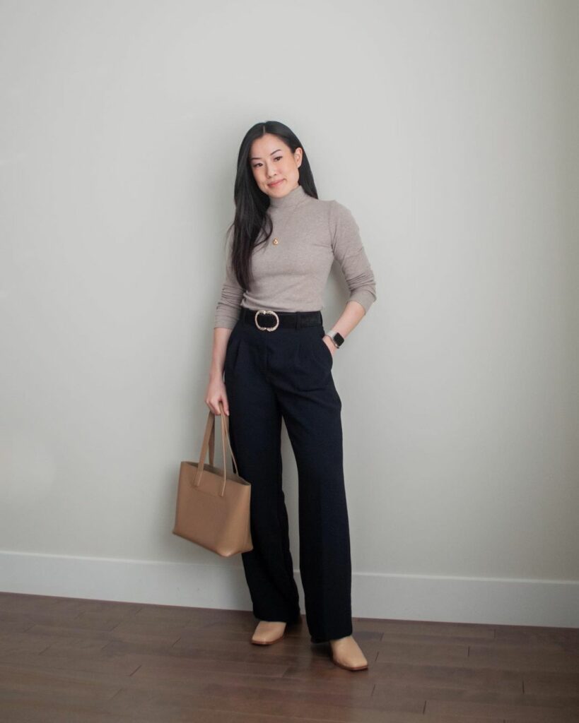 wide leg pants with tucked-in T-shirts