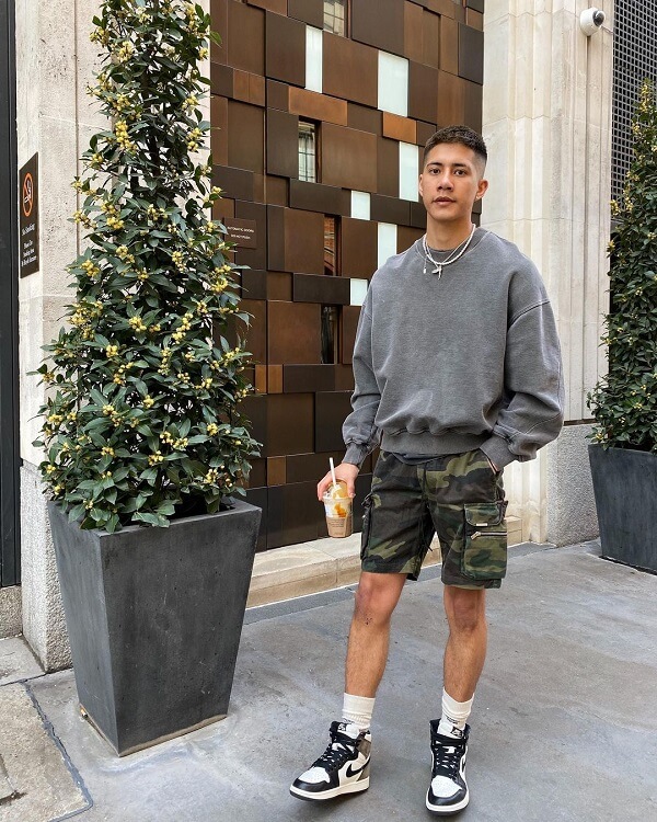 man wearing jordan with shorts and jumper outdoor
