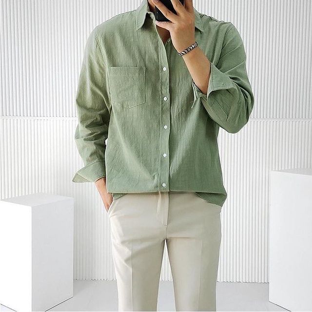 man in sage green Casual Button-down Shirts and slacks