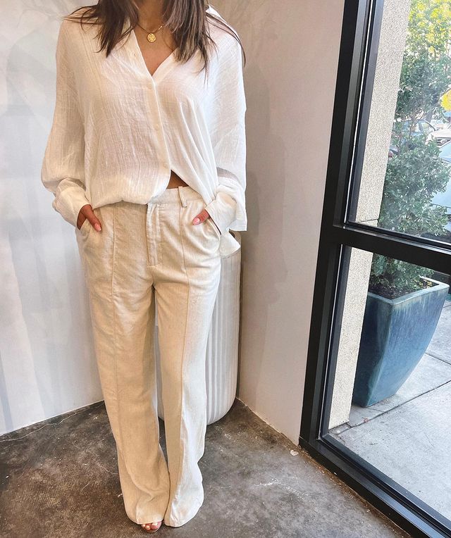 girl wearing linen pant with button down shirt
