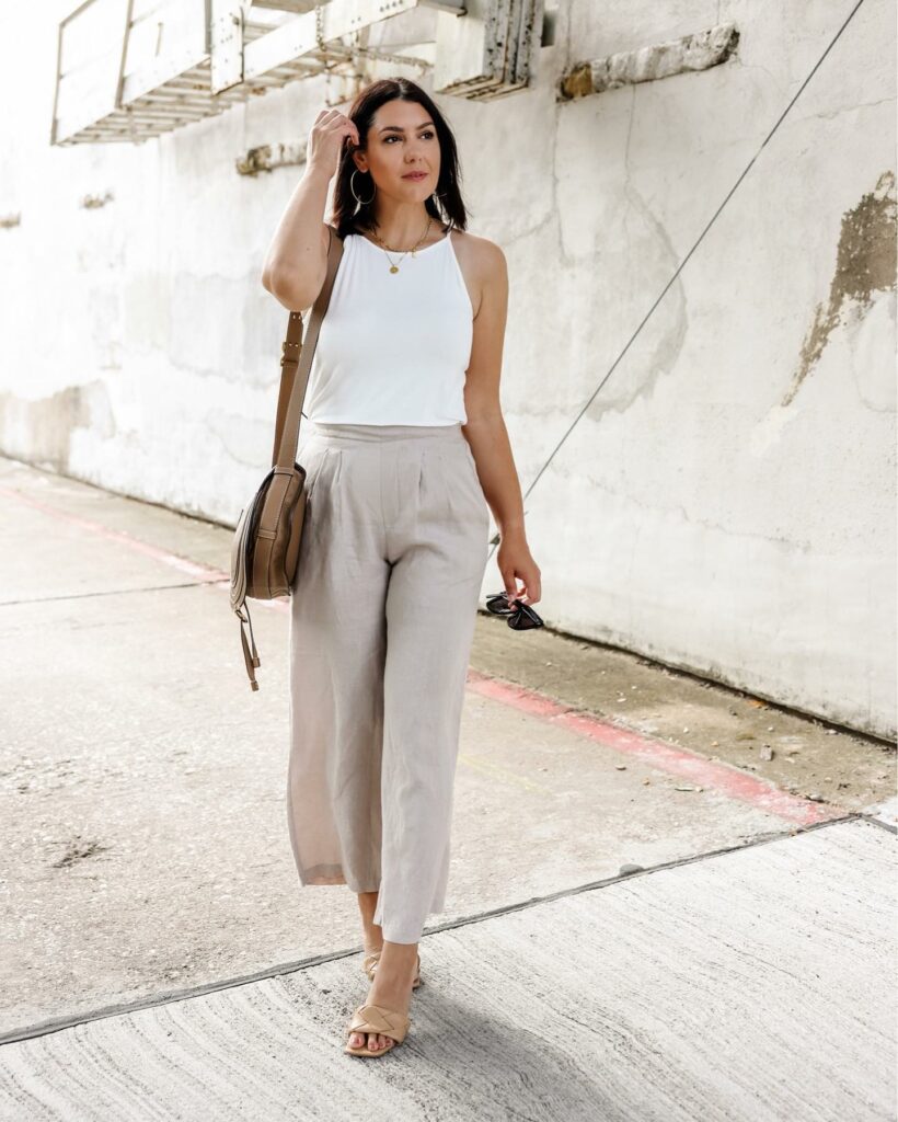Woman wearing linen pants with sleeveless tops