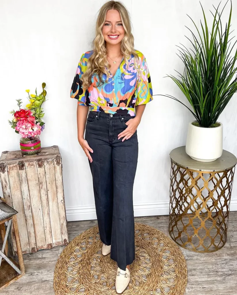 Pairing wide leg pants with a fitted top