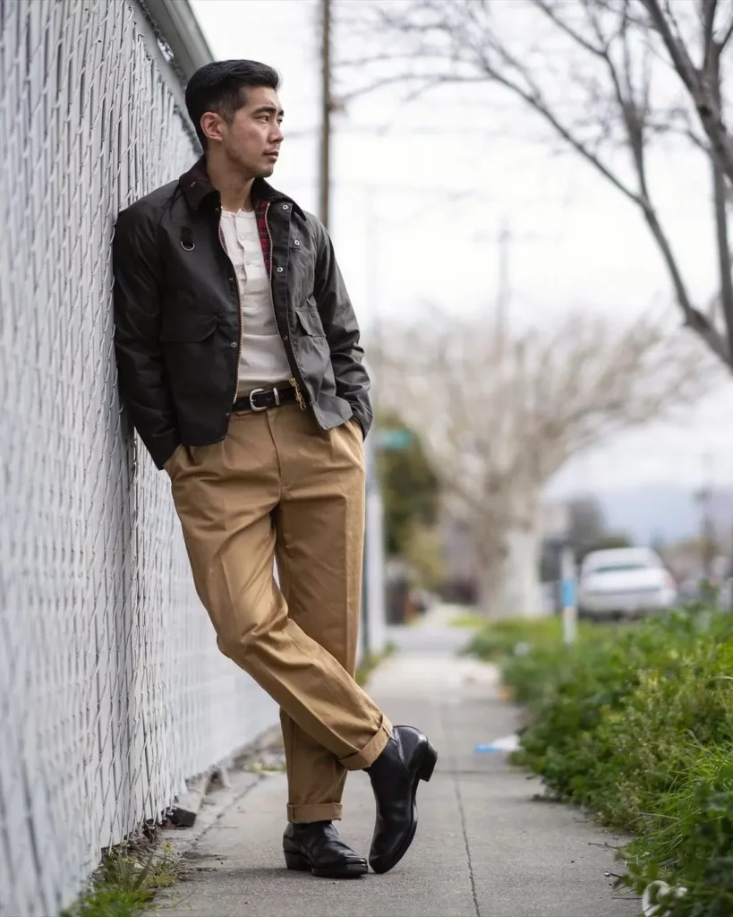 khaki pants with leather jacket